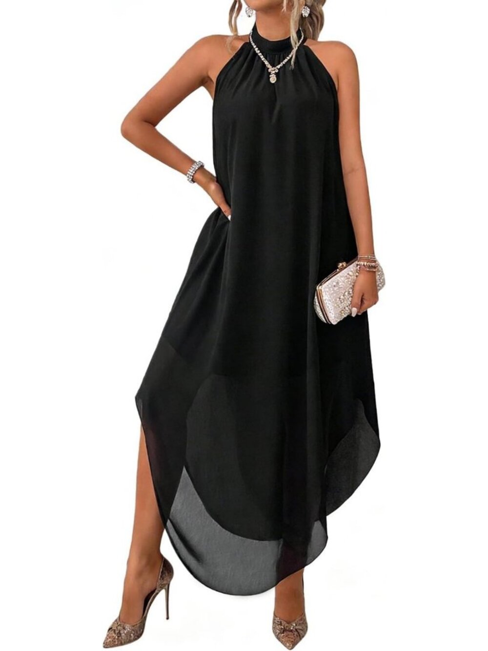 Elegant Sleeveless Halter Neck Long Chiffon Dress, Flowy & Asymmetrical, S-2XL